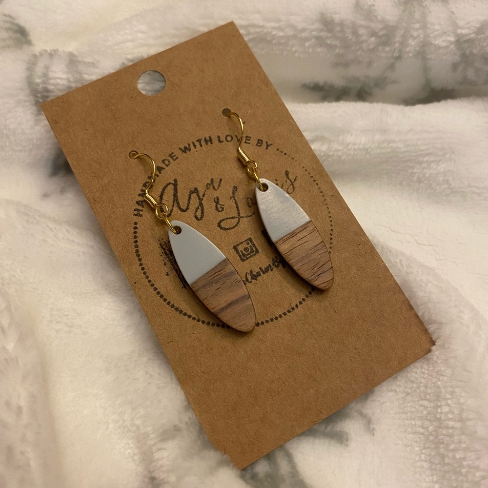 Light Grey Oval Resin and Wood Earring